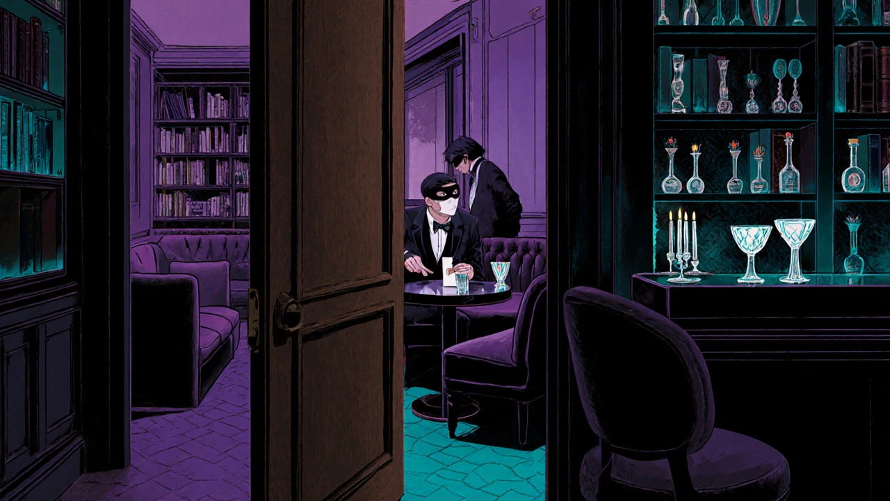 Bar secret derrière une librairie, ambiance nocturne et confidences.