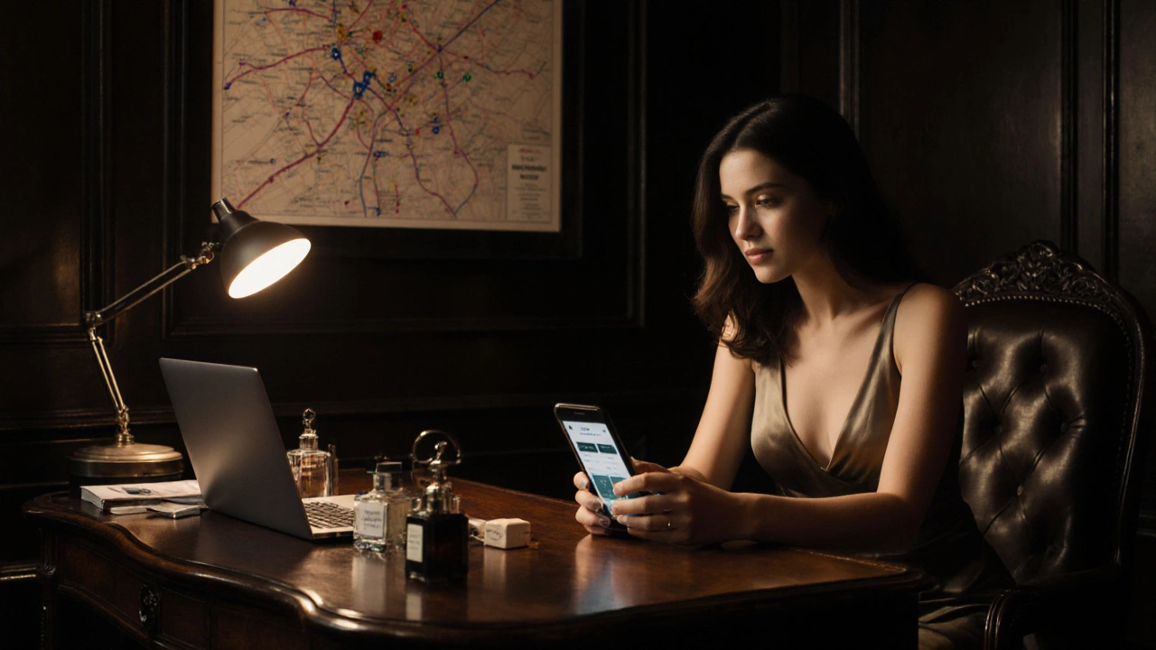 Bureau élégant du Marais où une femme chic consulte son téléphone, entourée d’accessoires de luxe.
