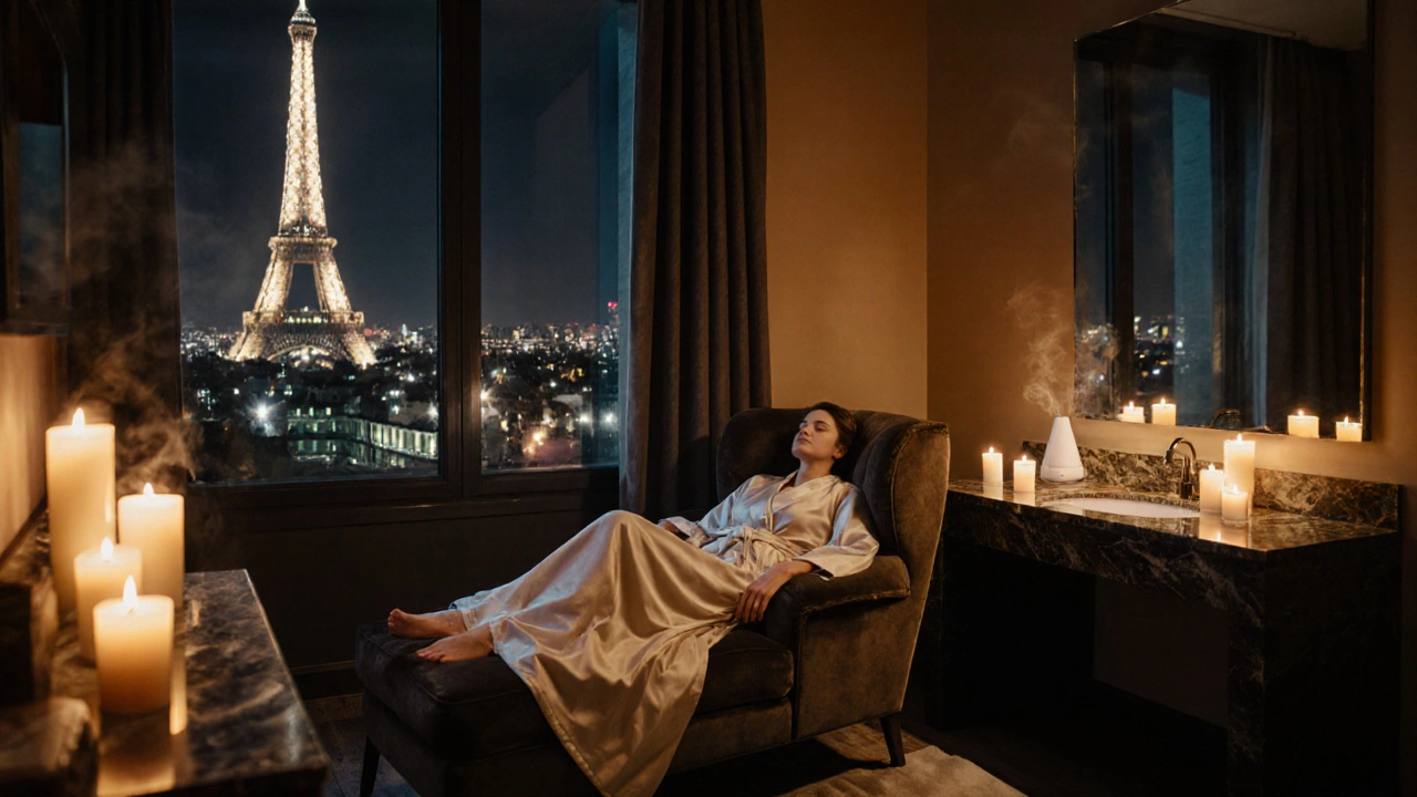 Chambre d'hôtel luxueuse à Paris, chaise longue éclairée par des bougies, personne détendue les yeux fermés, vue sur la Tour Eiffel.