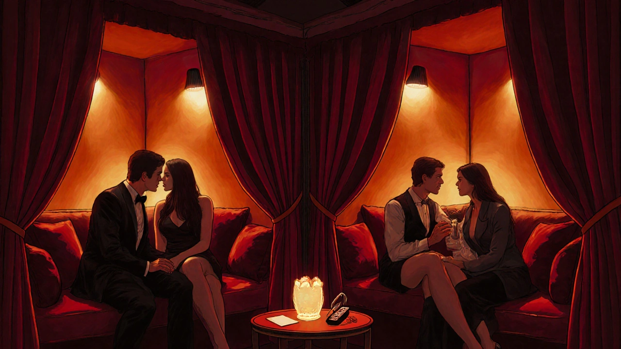Club libertin raffiné aux lumières tamisées et aux cabines privées.