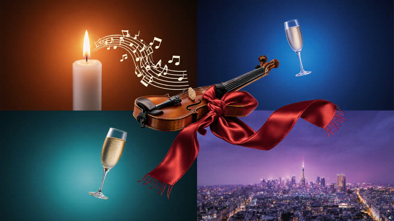 Composition surréaliste montrant bougies, musique, champagne et skyline nocturne symbolisant les émotions.
