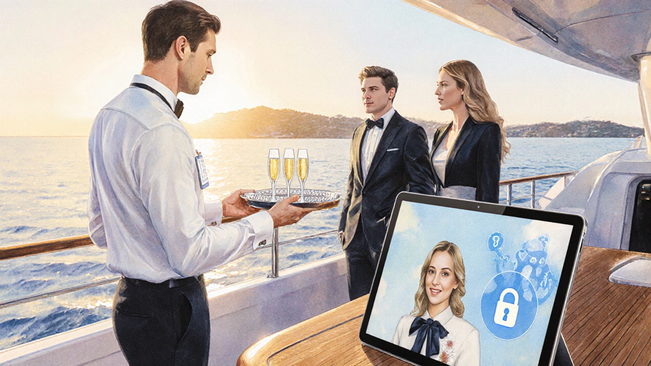 Concierge organise un rendez‑vous sur un yacht avec un couple habillé pour la soirée.