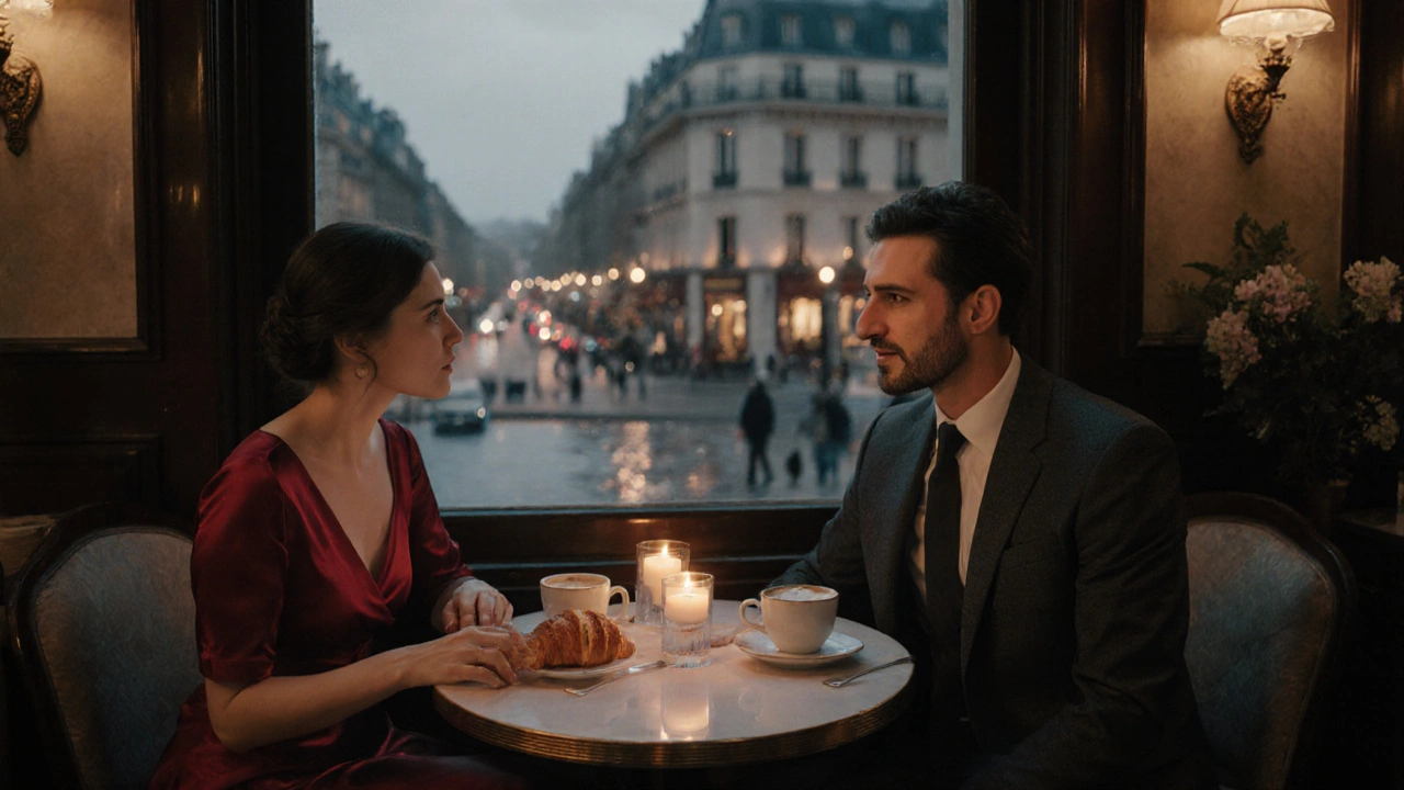 Couple élégant discutant au Café de Flore, avec croissant et espresso, vue sur la Seine au crépuscule.