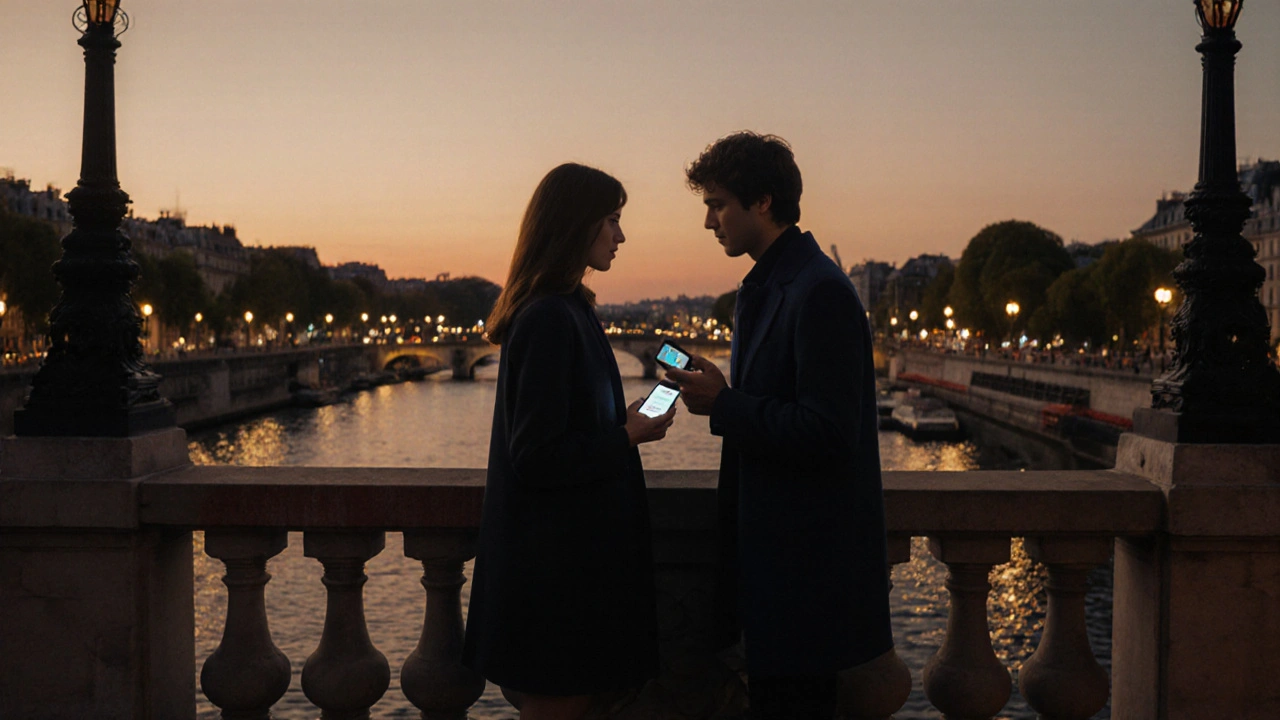 Couple se rencontrant près de la Seine, téléphones affichant la notification de match, ambiance nocturne.