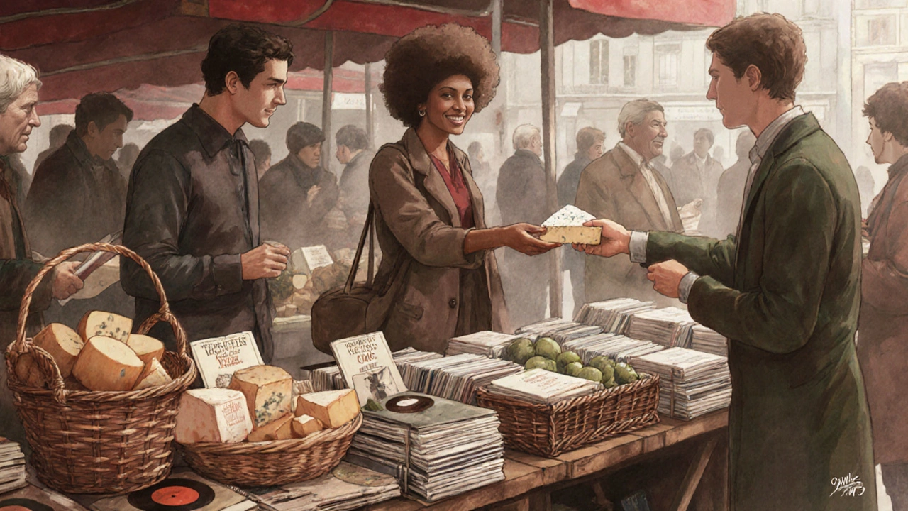 Des visiteurs échangent des fromages et des livres anciens au marché de Porte de Vanves un dimanche matin.