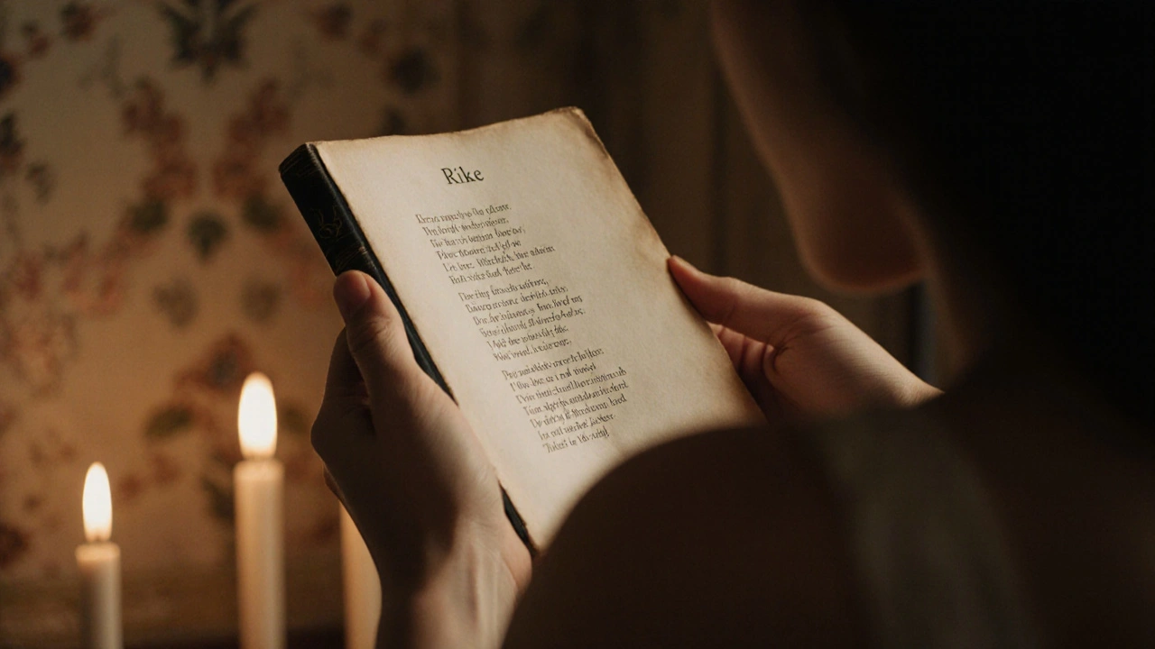 Deux mains : une tenant un livre de Rilke, l'autre sur une épaule nue, dans une pièce doucement éclairée.