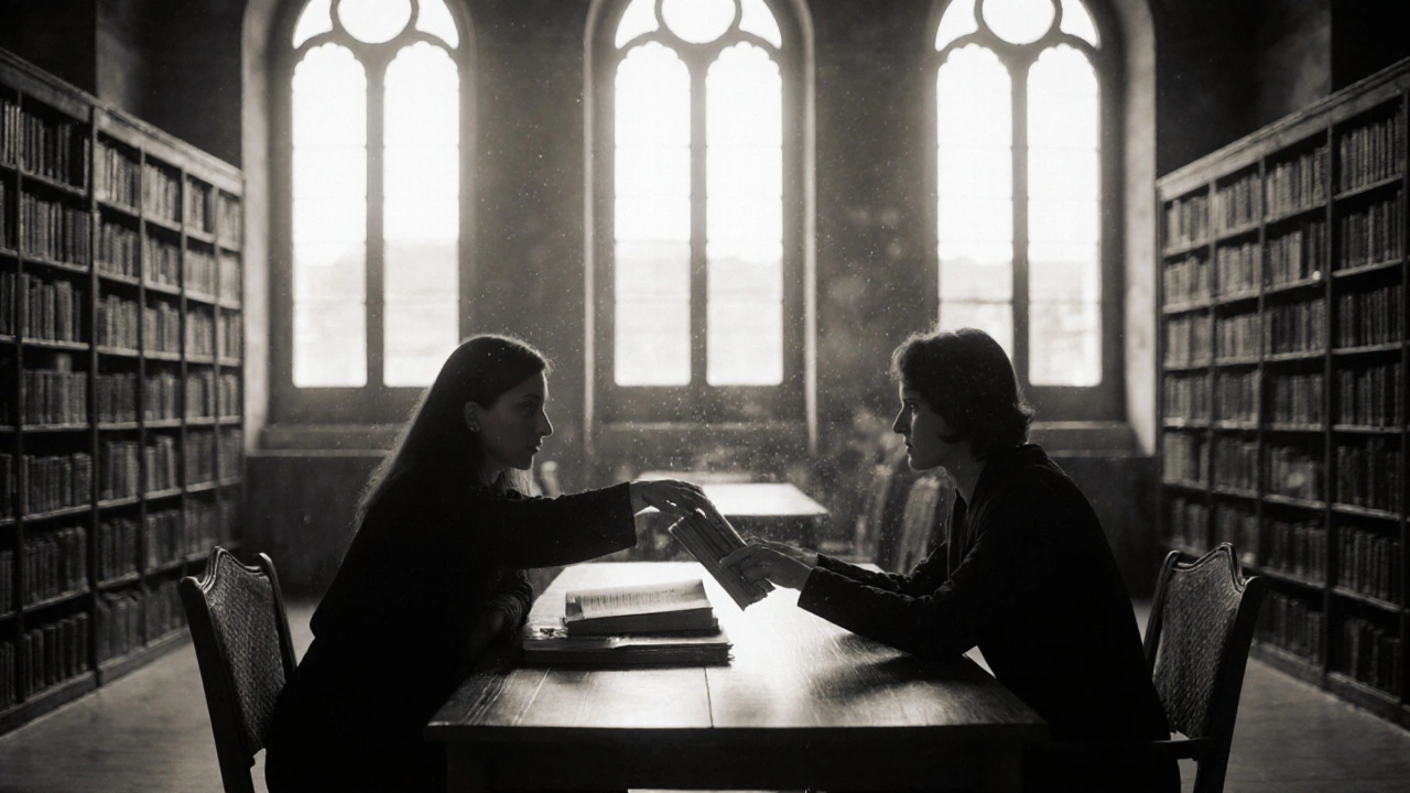 Deux personnes échangent un livre dans la bibliothèque Sainte-Geneviève, sous la lumière des hautes fenêtres.
