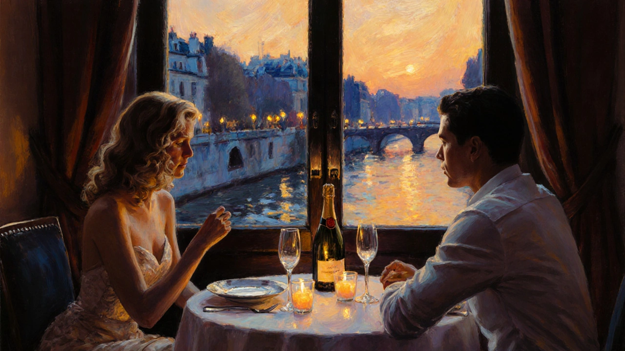 Dîner intime à la lueur des bougies, deux silhouettes raffinées près de la Seine.
