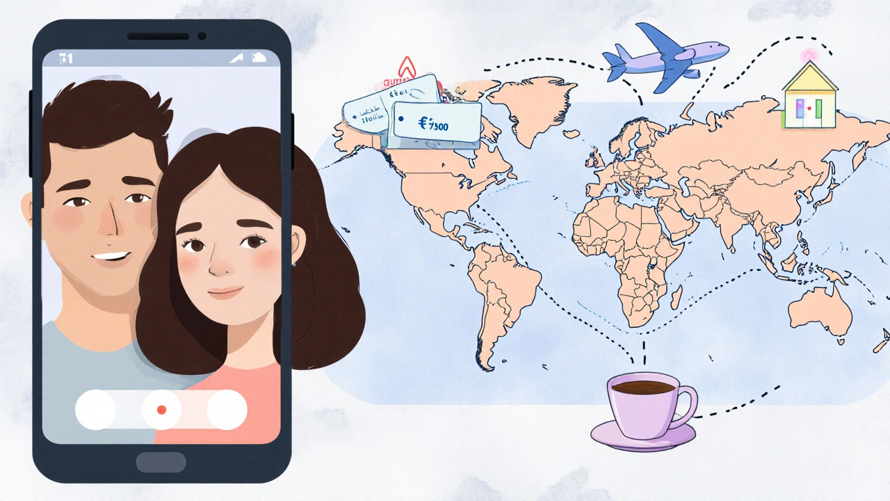 Écran de appel vidéo et carte du monde avec itinéraires et icônes de budget.