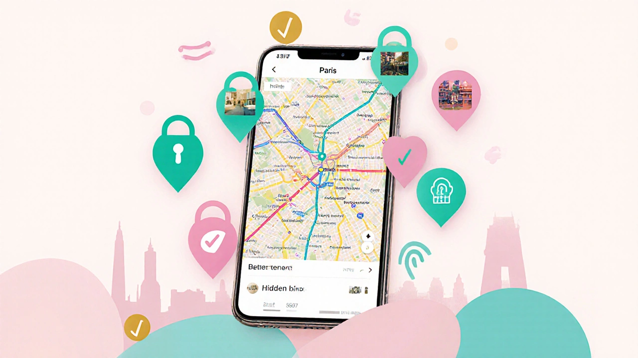 Écran de smartphone montrant la carte de Paris du site, avec icônes de lieux culturels et symboles de sécurité.