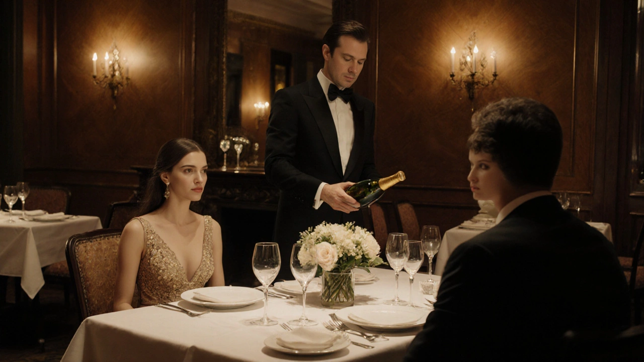 Escorte en robe de soirée et client dans un restaurant gastronomique parisien.