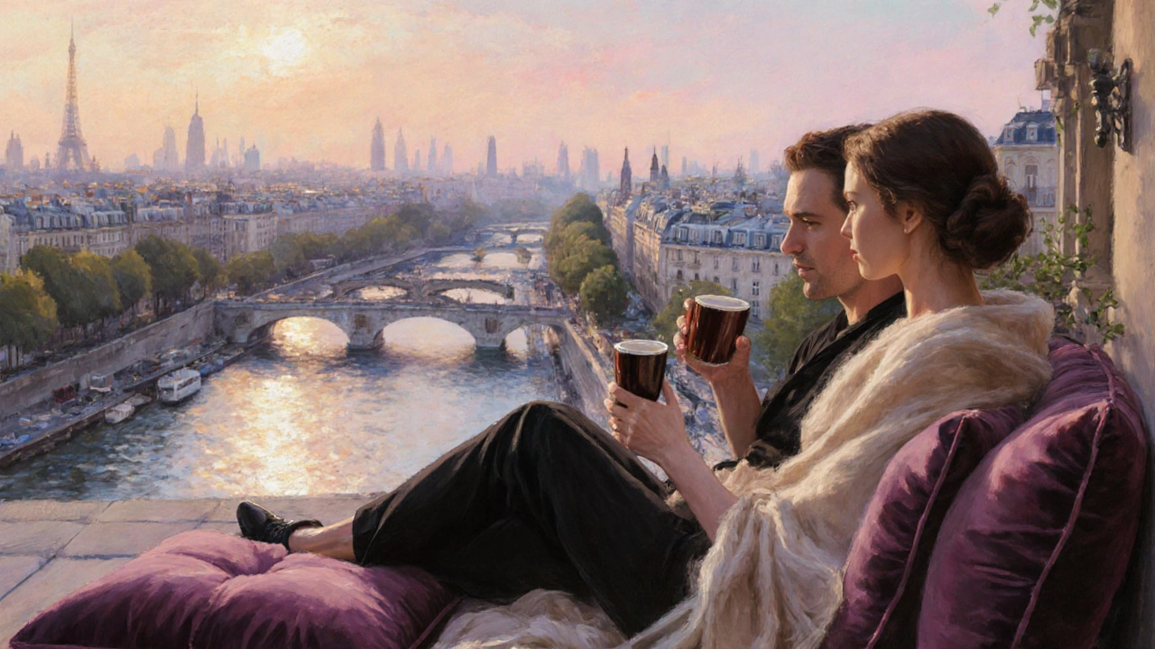 Escorte et client relaxant sur un toit avec vue sur Paris à l’aube.