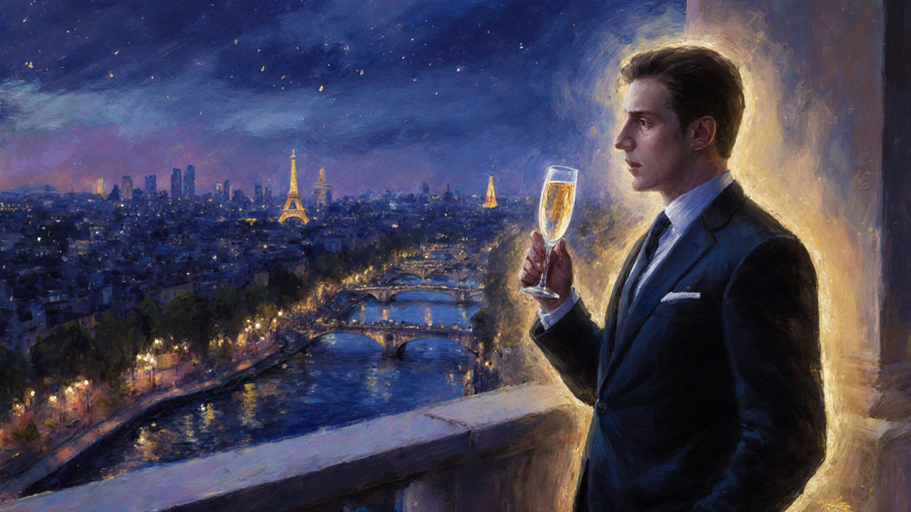 Homme confiant sur un balcon parisien la nuit, verre de champagne, panorama de la ville illuminée.