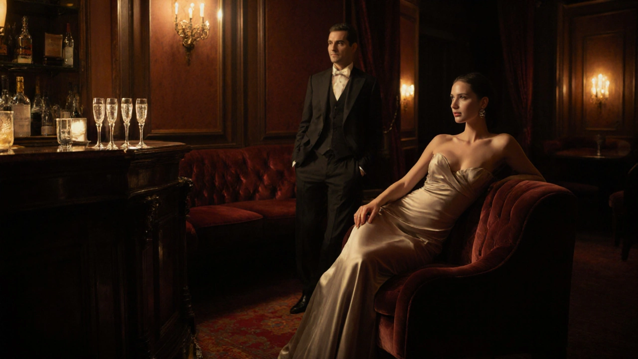 Intérieur d'un club privé avec rideaux de velours, champagne et escorte discrète.