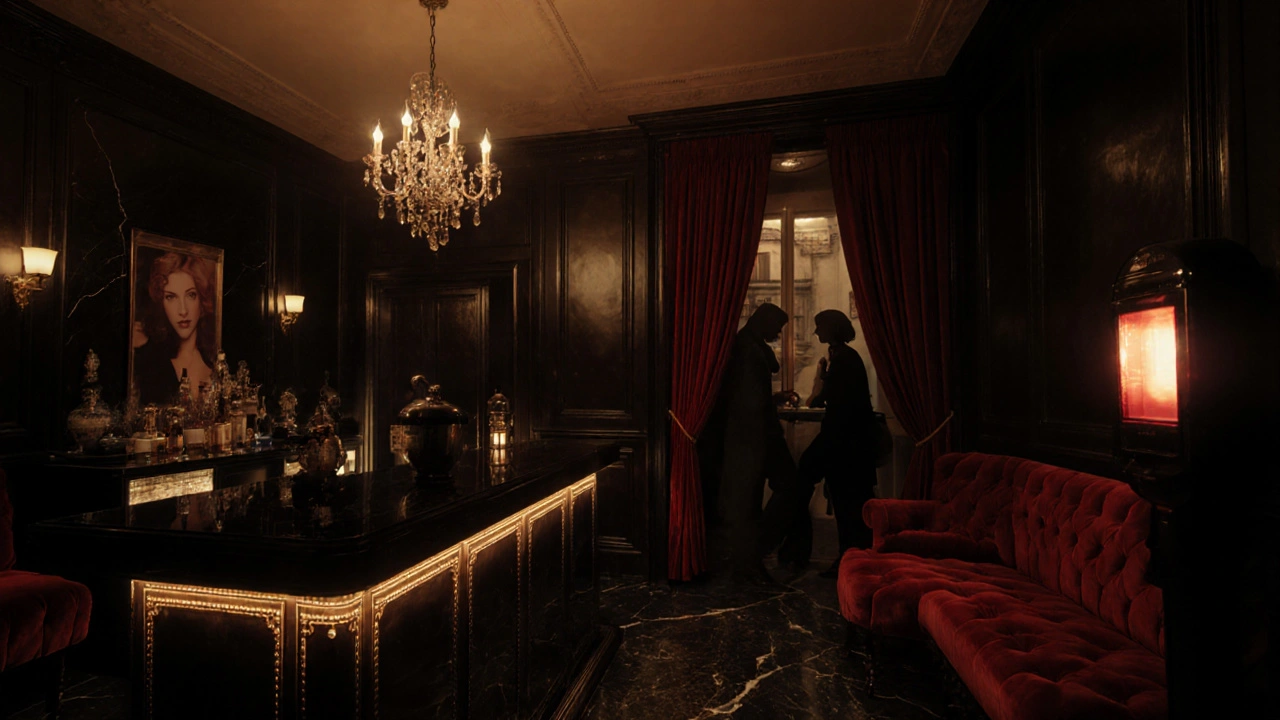 Intérieur sombre du club libertin Le Central avec éclairage tamisé et distributeur de préservatif.