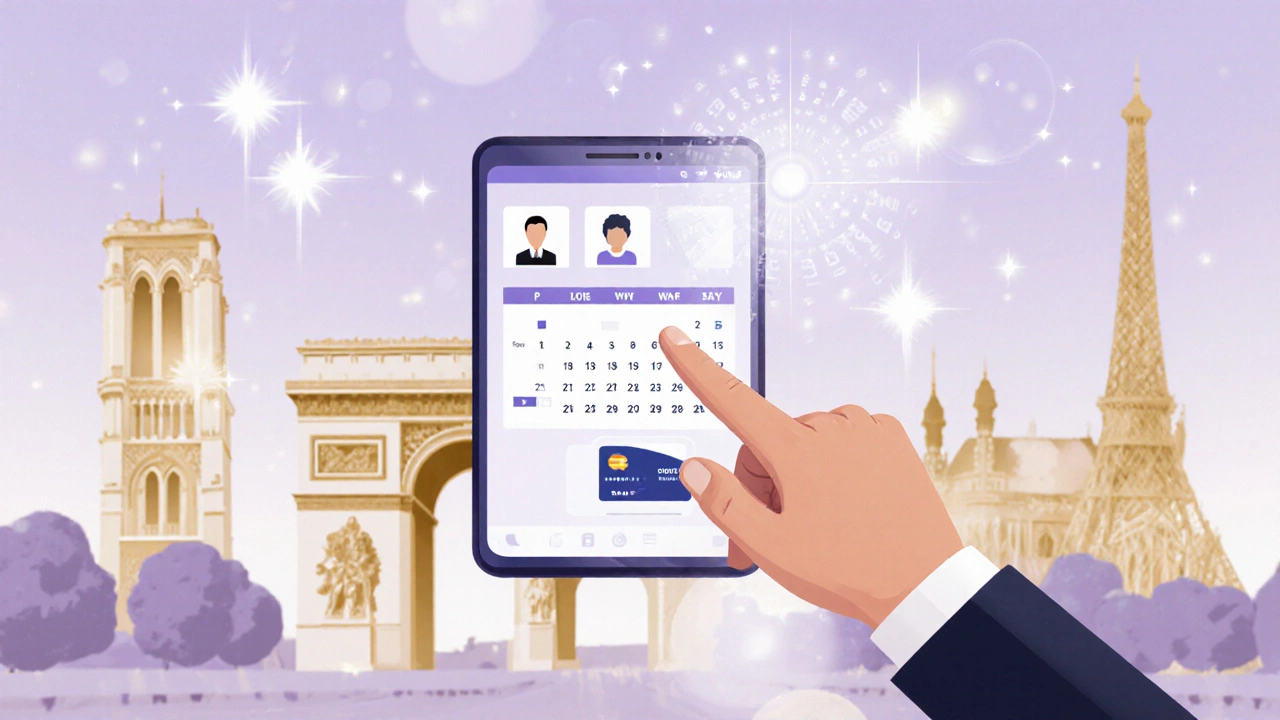 Main tapant sur un smartphone affichant une application de réservation, avec en arrière-plan la silhouette de monuments parisiens.