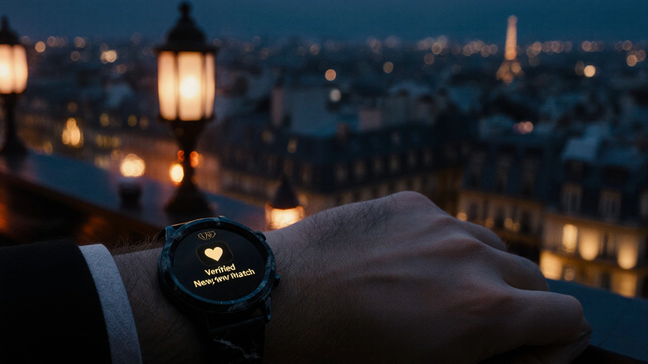 Montre connectée affiche une notification de match vérifié dans un bar rooftop luxueux.