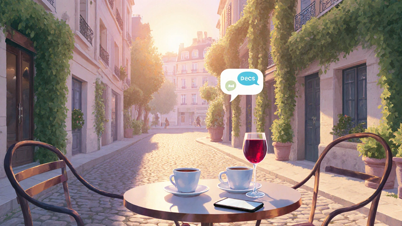 Première rencontre discrète dans un café du Parc des Buttes‑Chaumont, table avec café et vin.