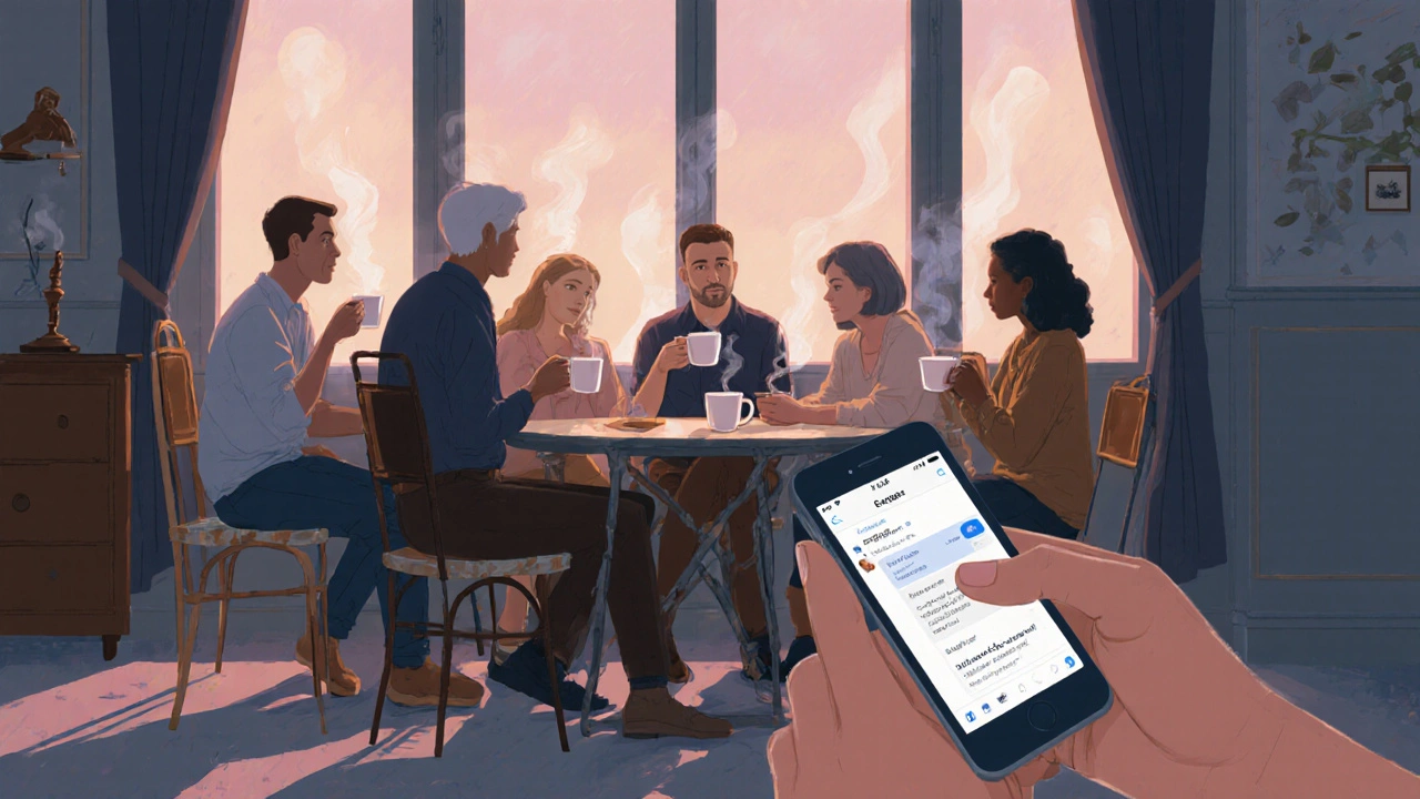 Réunion de soutien au café Le Progrès, personnes autour de cafés.