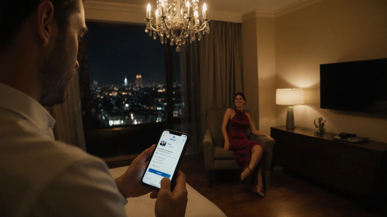 Silhouettes d&#039;un couple dans un hôtel chic de Paris, éclairage tamisé, reflet d&#039;une notification de rencontre sur le téléphone.