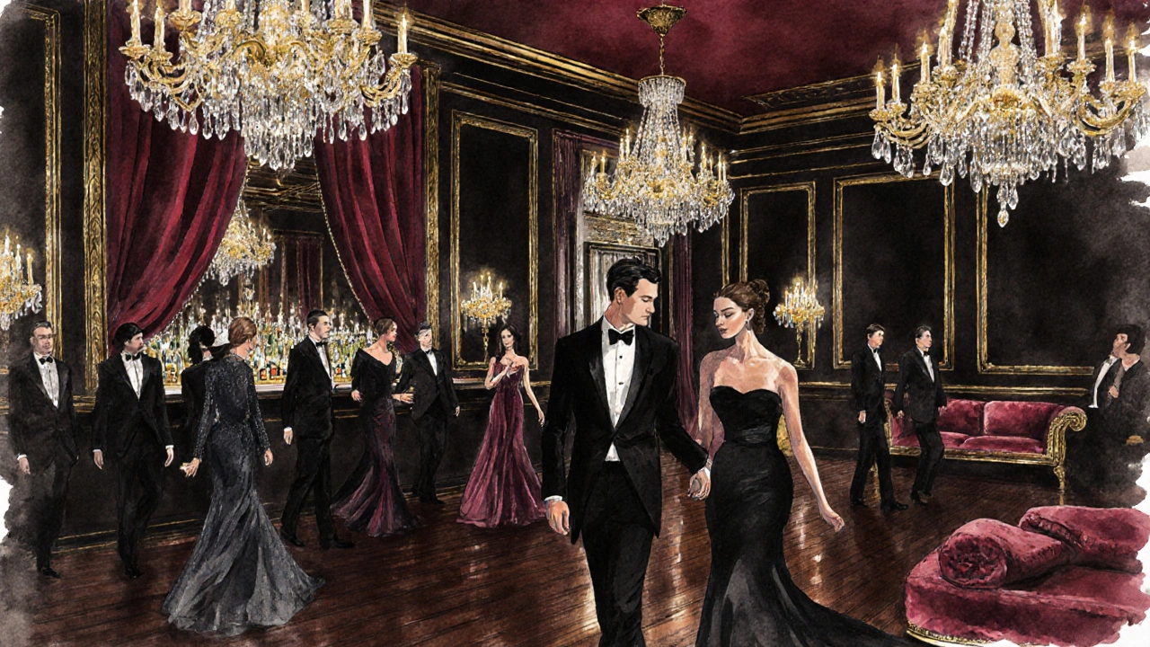 Soirée Black Tie dans un club parisien, hommes en smoking, femmes en robes de soirée sous un lustre.