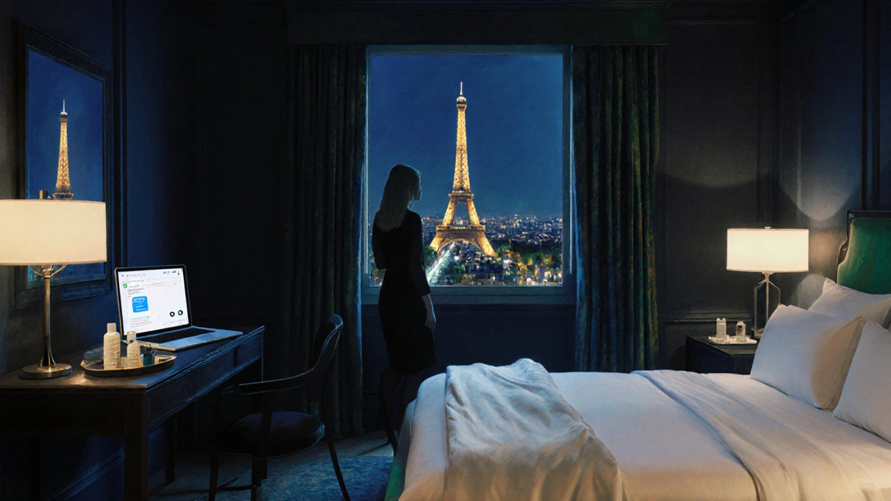 Suite boutique luxueuse avec vue sur la Tour Eiffel, escort debout près de la fenêtre, ambiance sophistiquée.