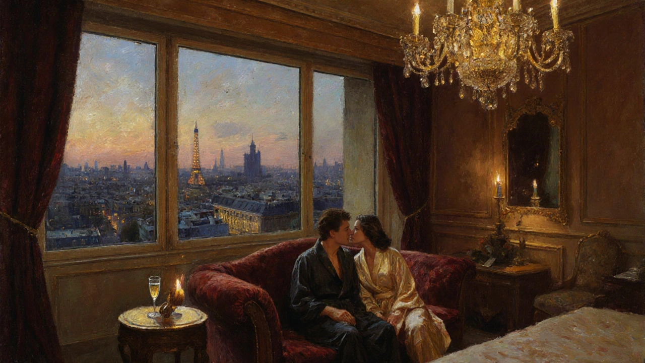 Suite d&#039;hôtel luxueuse avec vue sur Paris, couple en robe de soie et champagne.