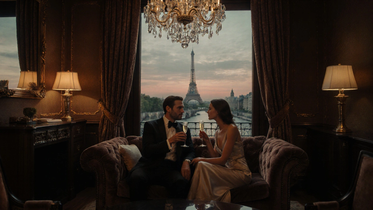 Suite parisienne luxueuse avec un homme et une escort partageant du champagne.