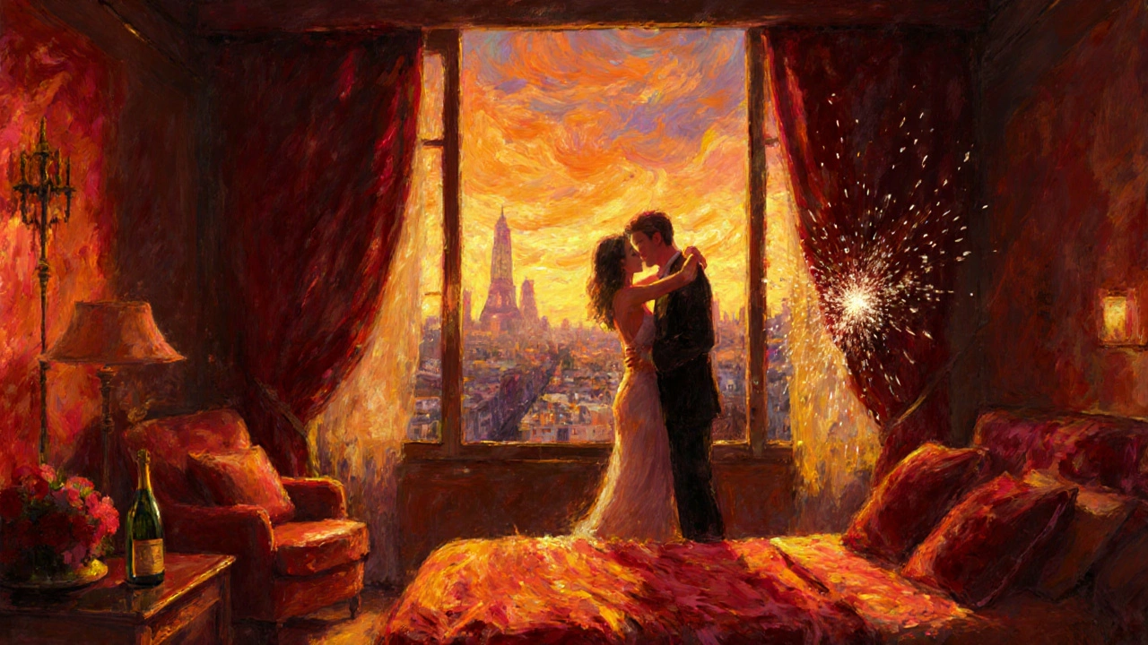 Suite privée avec vue sur Paris, couple célébrant le moment, ambiance feu et velours.
