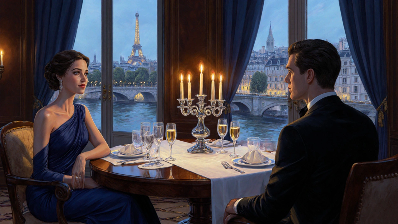 Table élégante dans un restaurant luxueux avec champagne, vue sur la Seine, deux silhouettes raffinées.