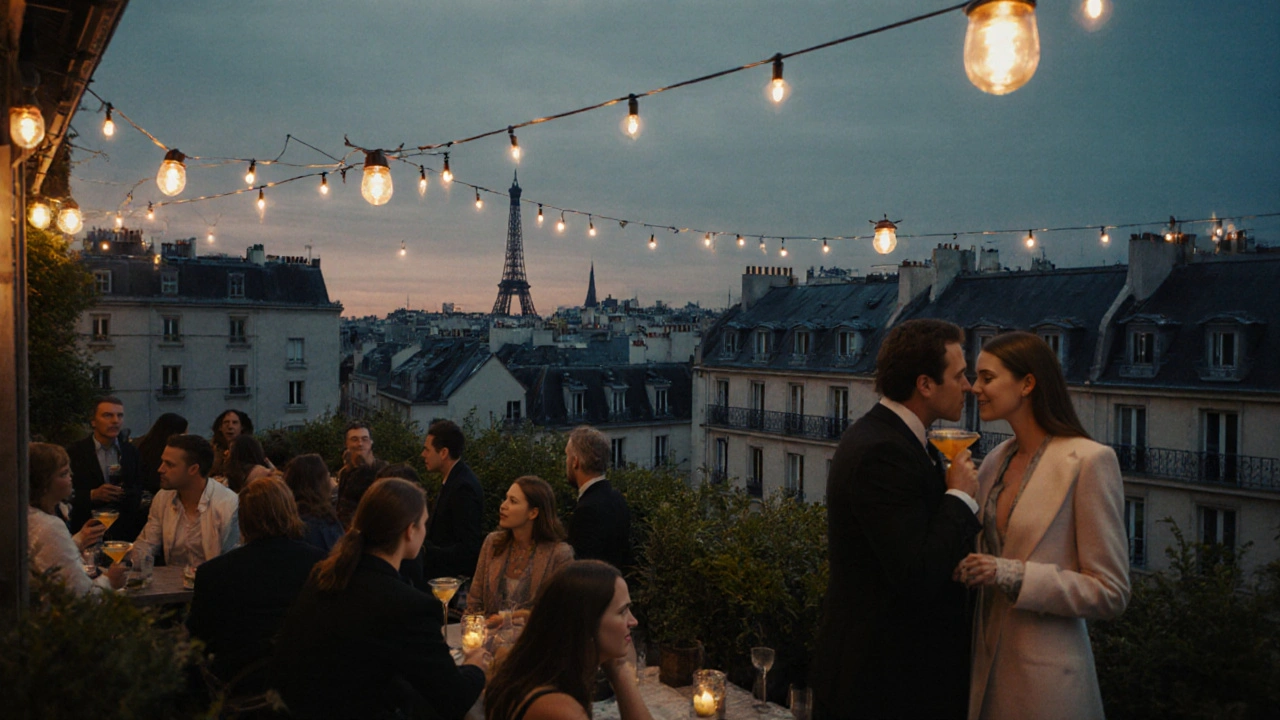 Terrasse du Perchoir au crépuscule, couple trinquant.
