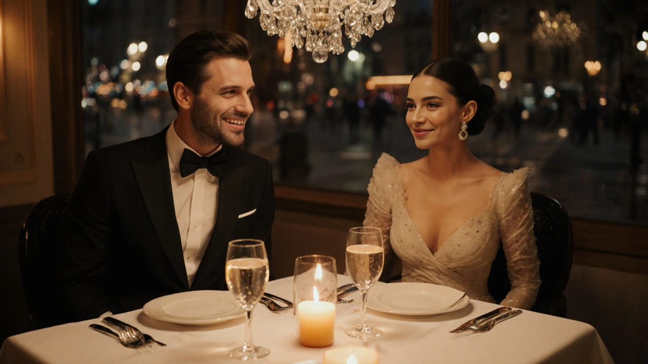 Un couple chic profite d’un dîner raffiné avec champagne dans un restaurant luxueux.