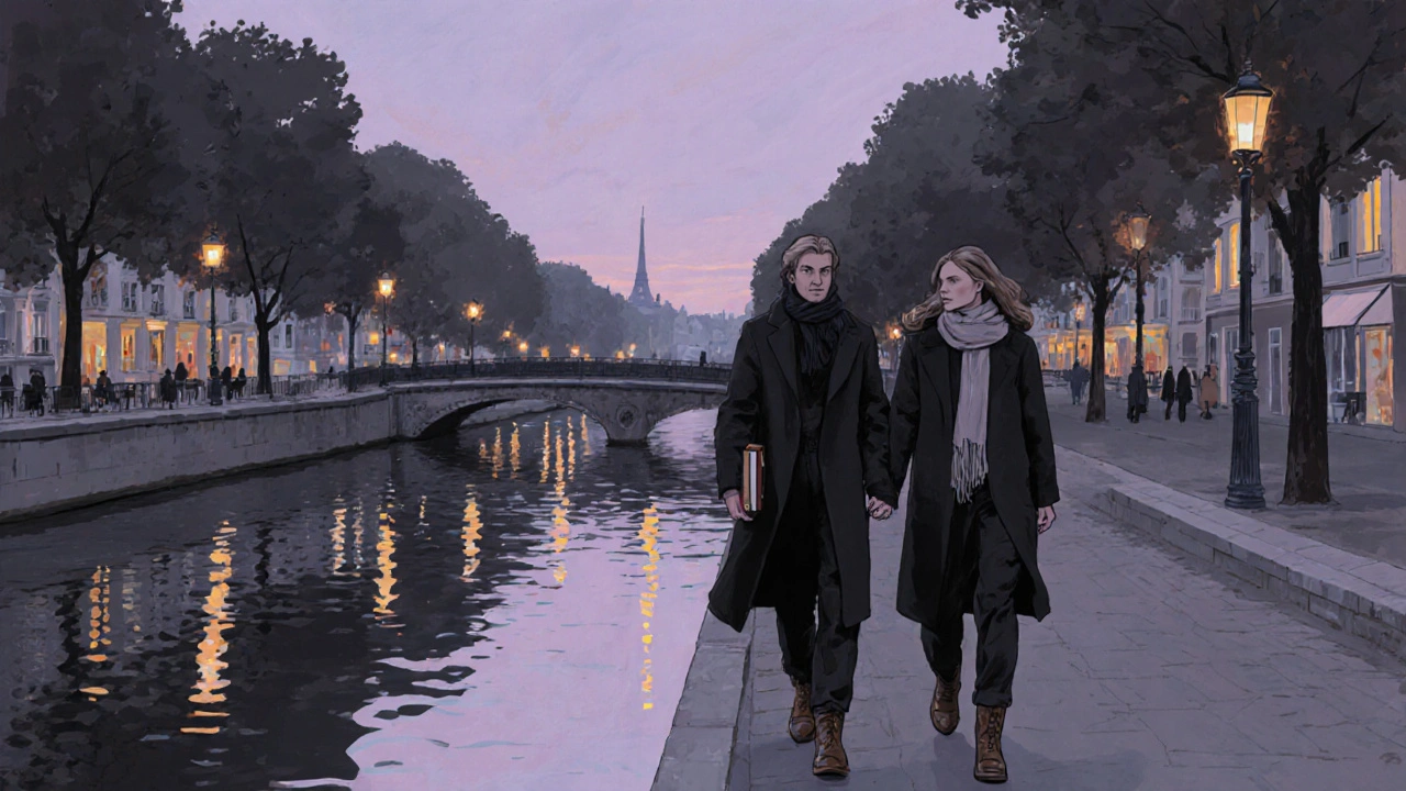 Un couple marche en silence le long du canal Saint-Martin au crépuscule, leurs silhouettes reflétées dans l'eau.