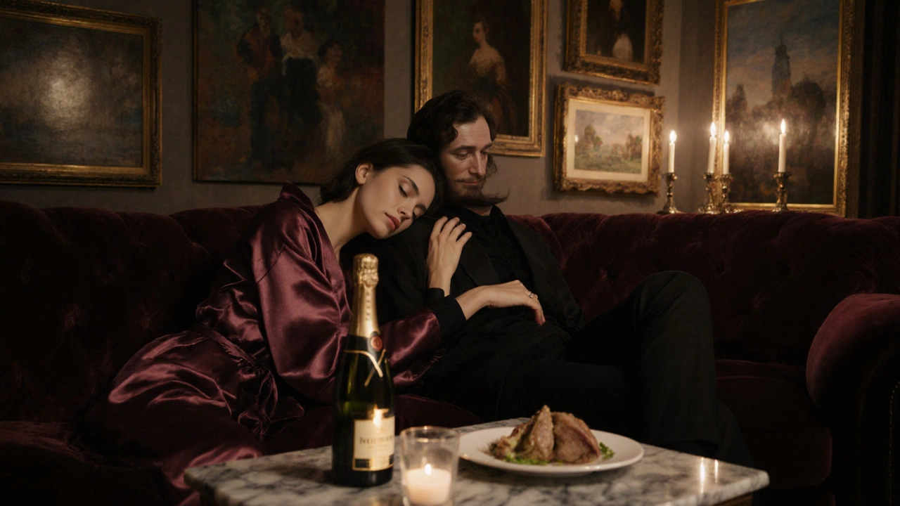 Un couple partage un moment d'intimité apaisante dans un appartement luxueux de Paris.