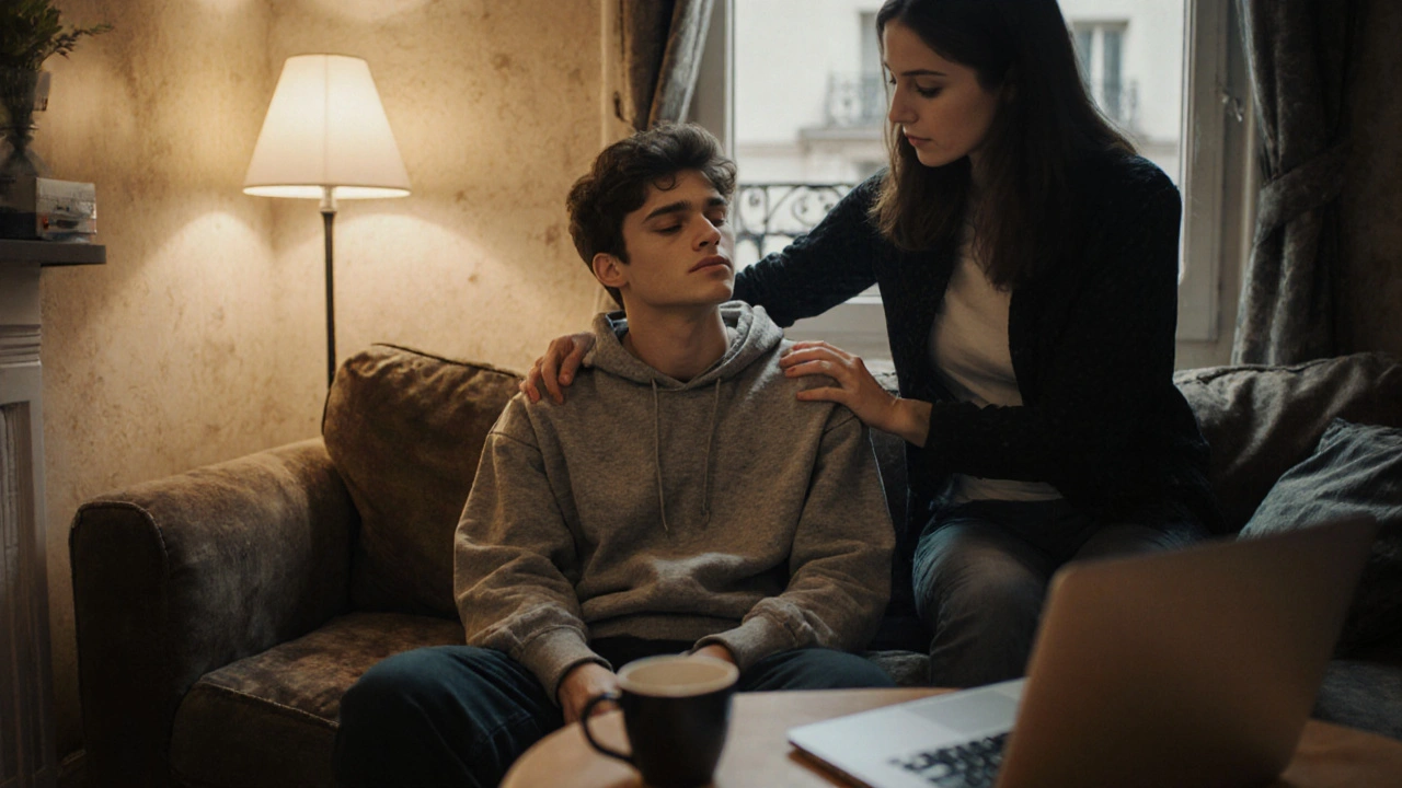 Un étudiant reçoit un massage apaisant dans un petit appartement de Montmartre, lumière chaude et ambiance intime.