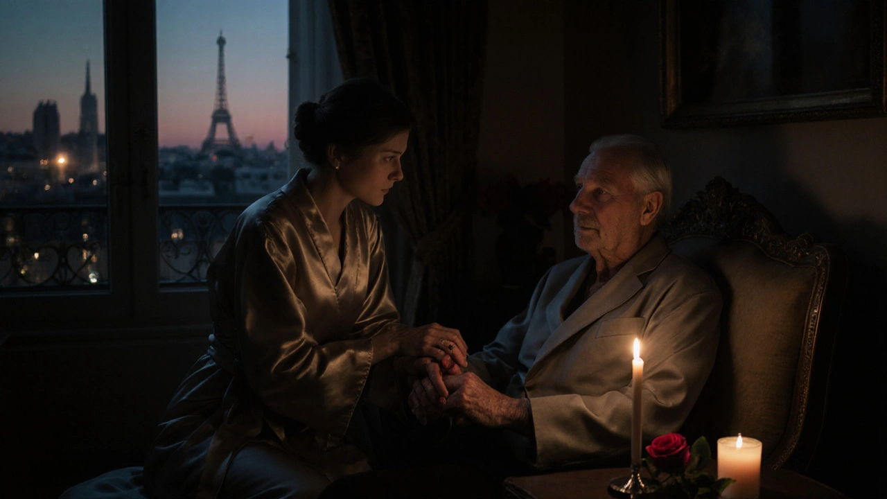 Un homme âgé tient la main d'une femme élégante dans un salon parisien, lumière douce et connexion silencieuse.