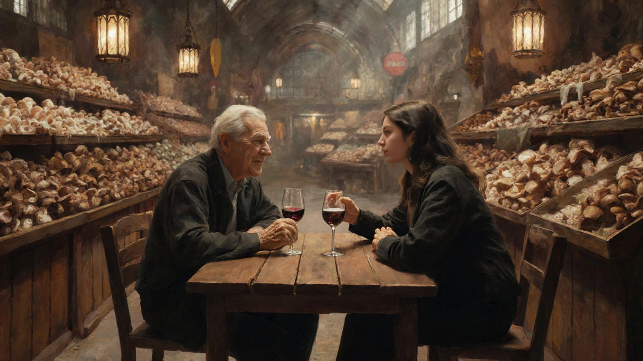 Un homme et une femme discutent près d'un étal de champignons sauvages lors d'un événement de rencontre à La Villette.