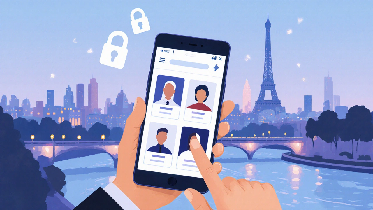 Un smartphone montre des profils d&#039;escortes sur fond de skyline parisien nocturne.