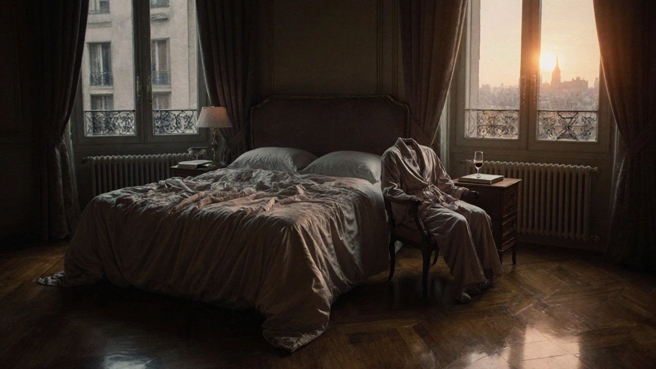 Une chambre vide au petit matin, draps défaits, robe de soie et verre de vin, lumière douce sur le plancher.