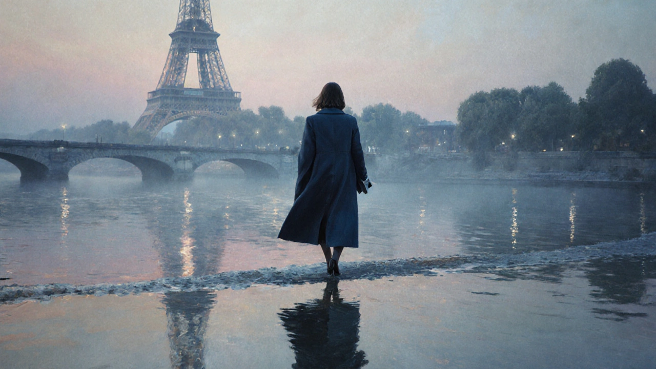 Une femme marche seule le long de la Seine au lever du soleil, dans une atmosphère paisible.