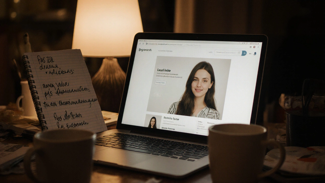 Une femme regarde un site de rencontres authentique sur un ordinateur, avec son vrai prénom et une photo sans filtre.