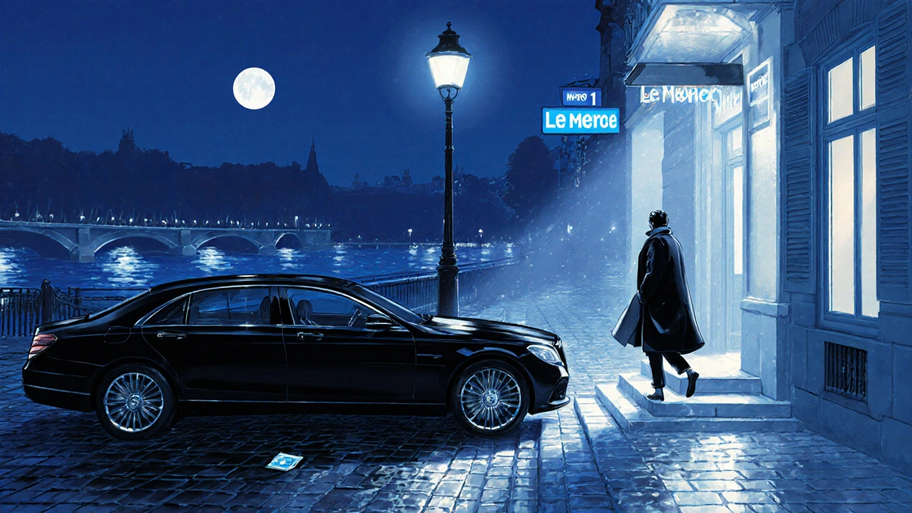 VTC noir devant l'hôtel Le Meurice, silhouette sous lampe, métro en arrière‑plan, ambiance discrète.