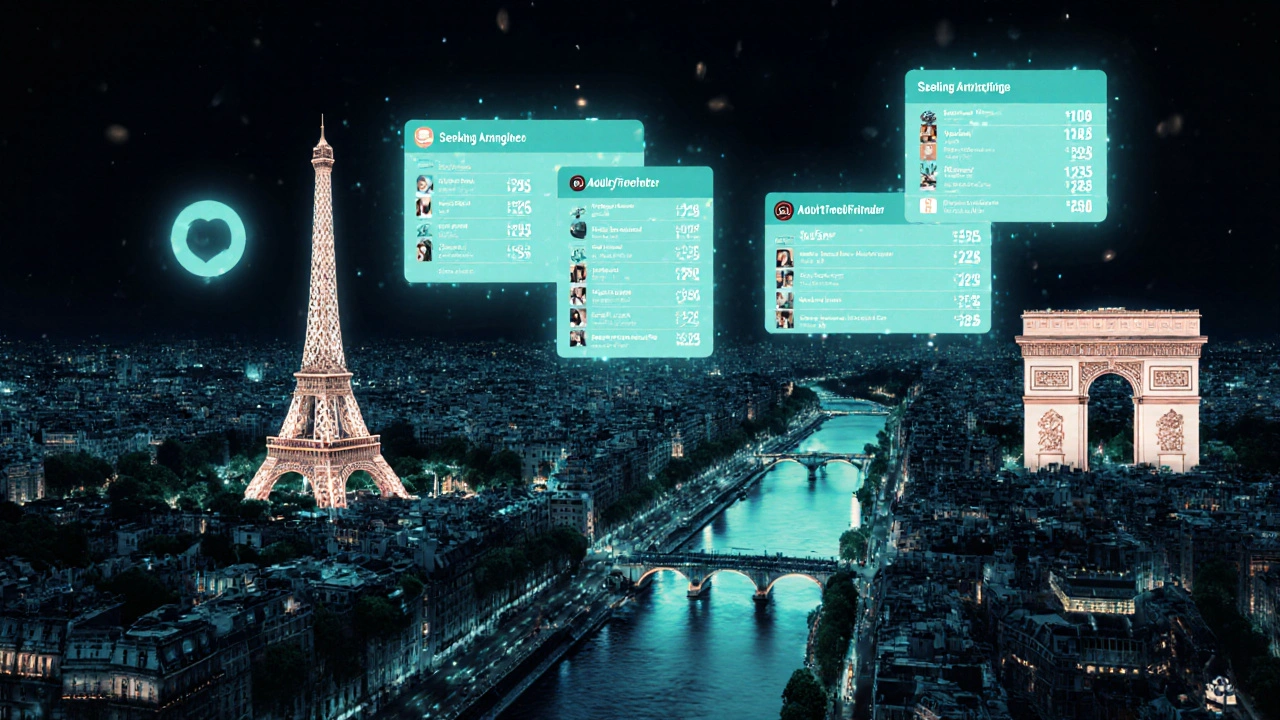 Carte conceptuelle de Paris avec des icônes numériques de sites de rencontre flottant au-dessus des monuments.