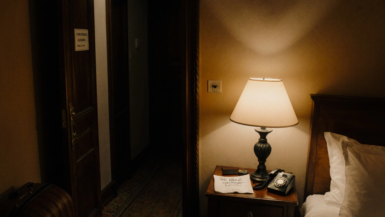 Chambre d&#039;hôtel discrète sans aucun appareil numérique, seule une téléphone public sur la table de nuit.