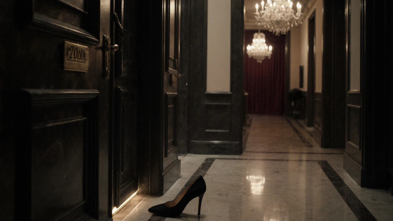 Couloir de hôtel de luxe à Paris, chaussure haute posée près d&#039;une porte fermée.