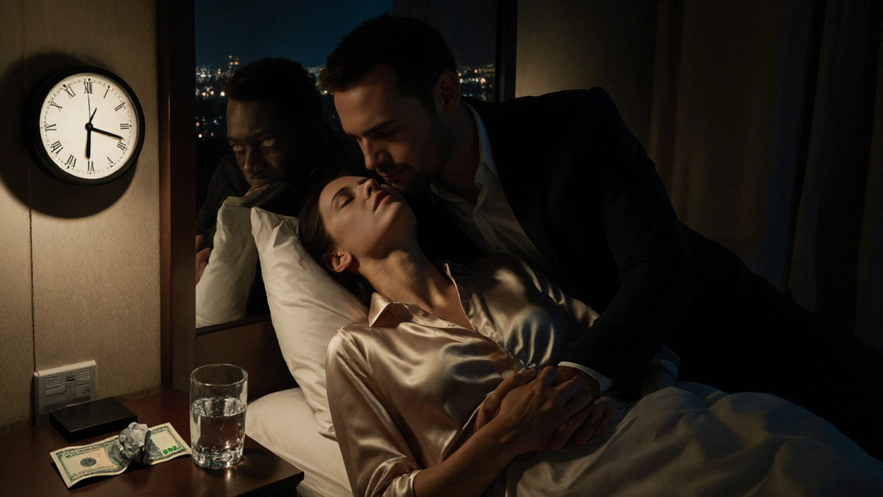 Couple dans une chambre d&#039;hôtel, l&#039;homme la serrant contre lui, lumière tamisée et émotion intense.