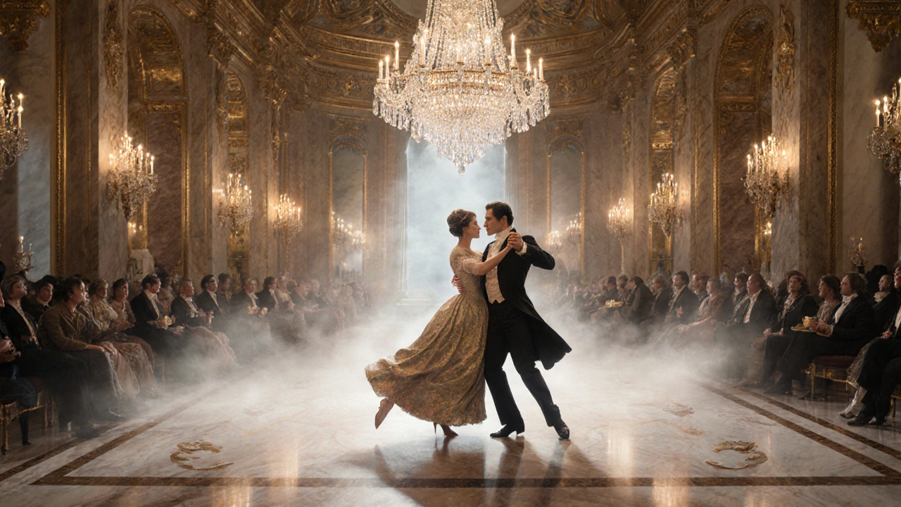 Couples en costume historique dansant le tango sous un lustre du XIXe siècle à l&#039;Opéra Garnier.