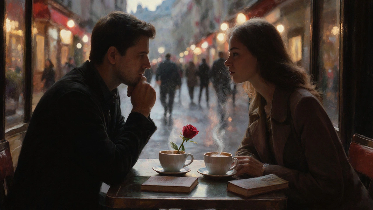 Couples silencieux dans un café de Saint-Germain, lumière douce, ambiance de connivence sans mots.