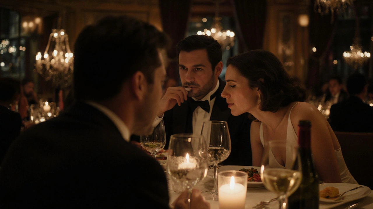 Couples silencieux partageant un dîner raffiné dans un restaurant de Saint-Germain au crépuscule.