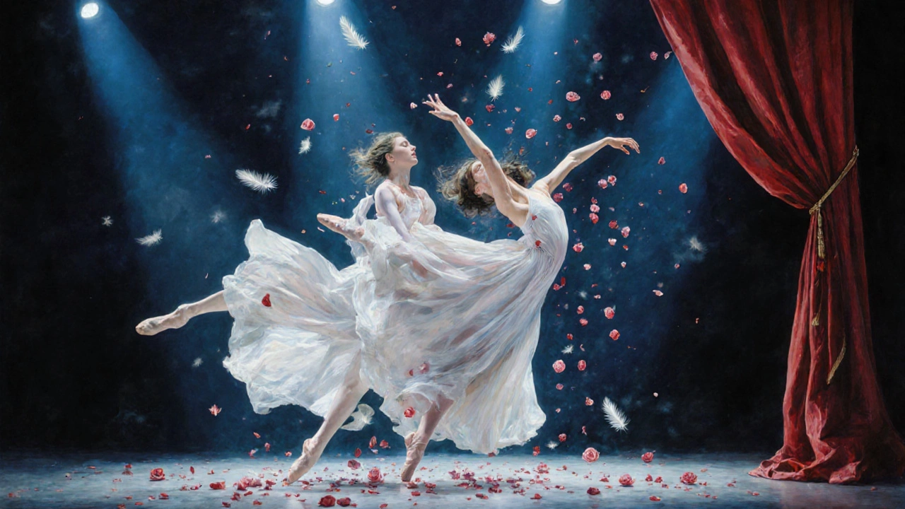 Danseurs nus en mouvement sous des projecteurs bleus, pétales de rose flottants.